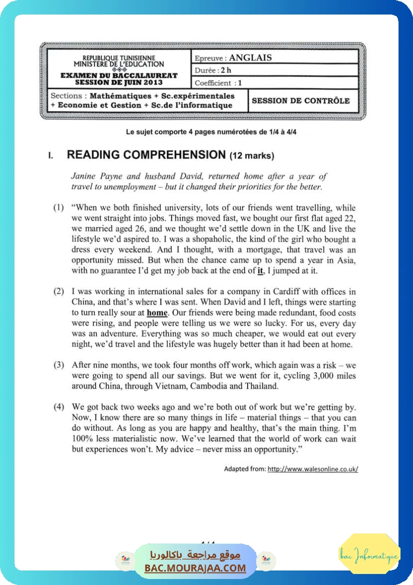 Sujet controle anglais Bac 2013 – Section info